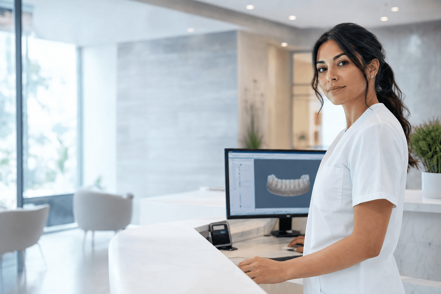 Dental staff member working at a modern practice front desk